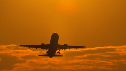 The airplane soars rapidly into the fiery golden sunset, dissolving in the rays of the sun and taking dreams towards new horizons and endless adventures.