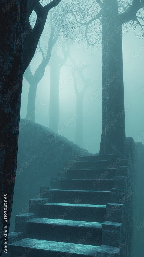Poster a staircase in a forest with trees in the background