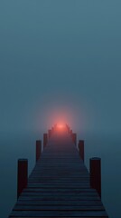 A wooden pier with a red light on it
