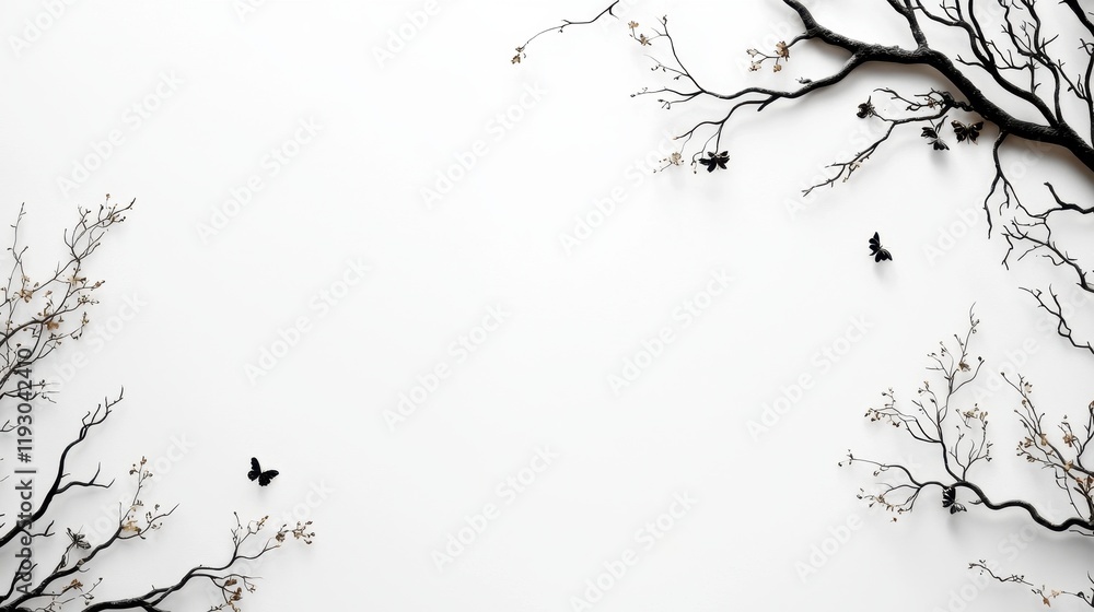 Poster silhouetted tree branches with butterflies and botanical elements on a white background
