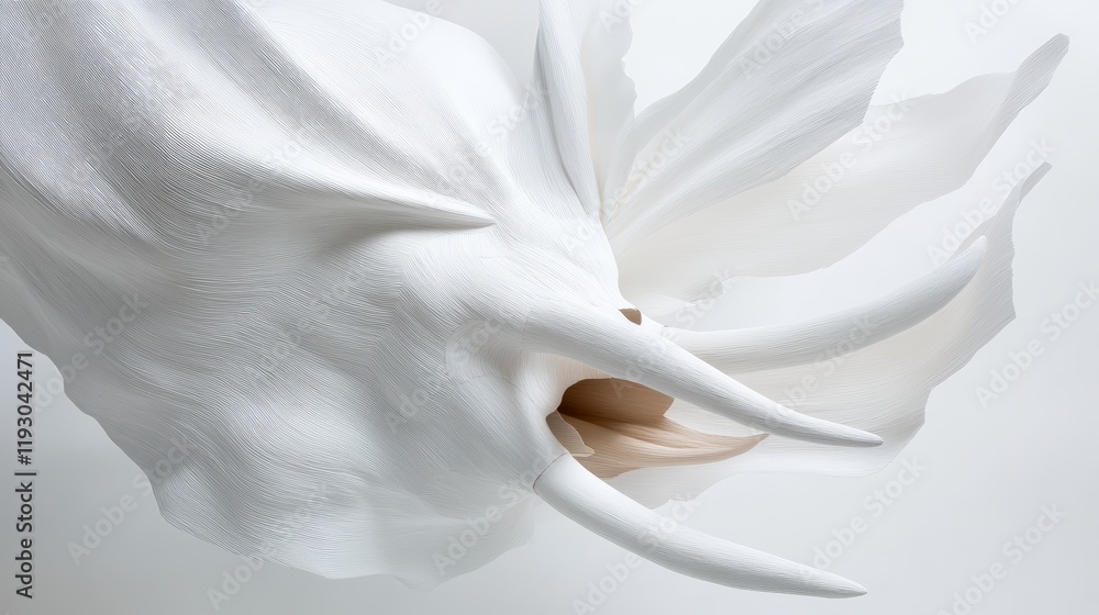 Poster unique sculpture of a white creature with horn-like features displayed in a minimalist setting