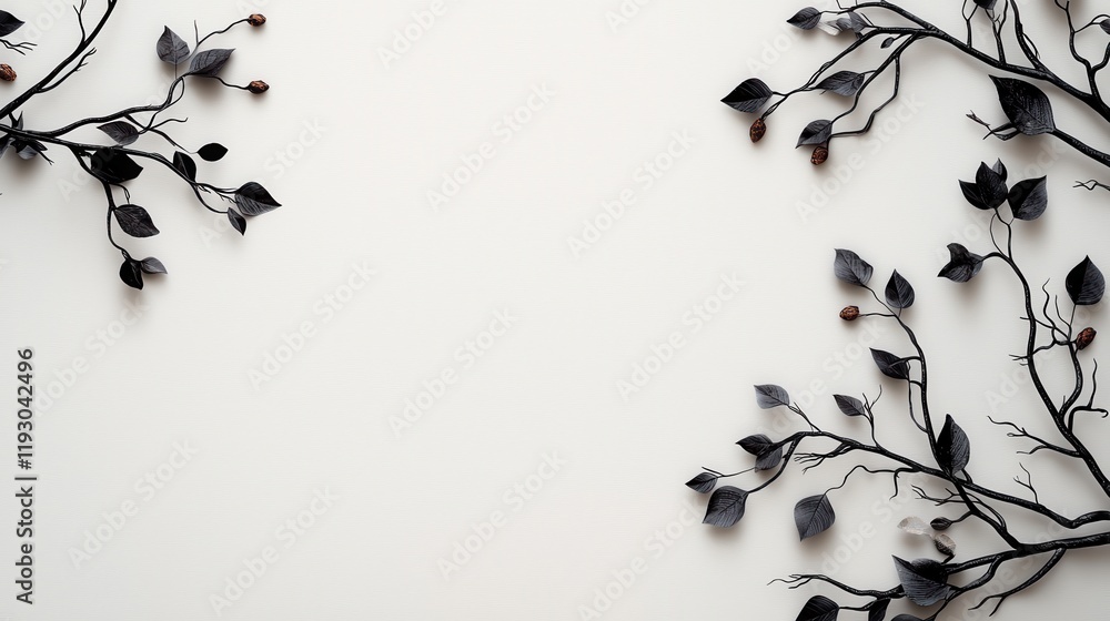 Poster Silhouetted Tree Branches with Botanical Elements on a Neutral Background