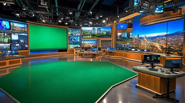 4k video Modern TV studio newsroom set with green screen and city skyline backdrop.