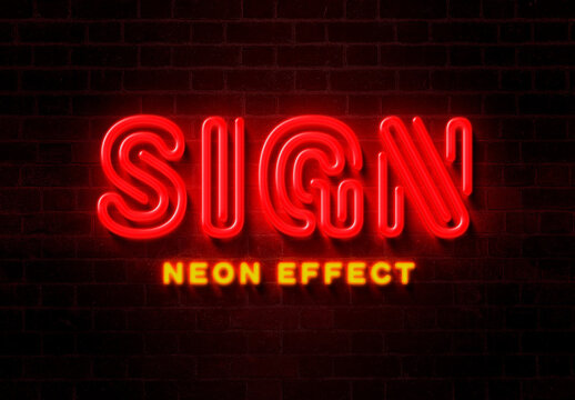 Red Glossy Neon Sign Effect Mockup
