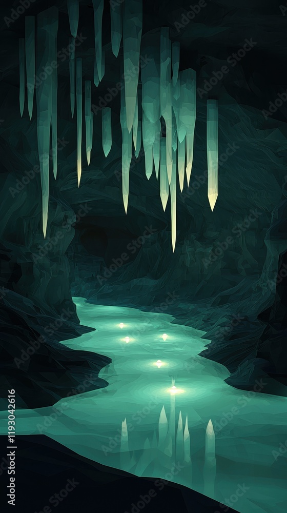 Poster a cave with a river running through it