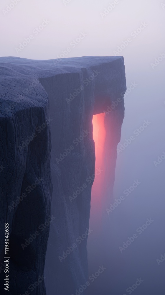 Poster a cliff with a hole in it and a red light shining through it