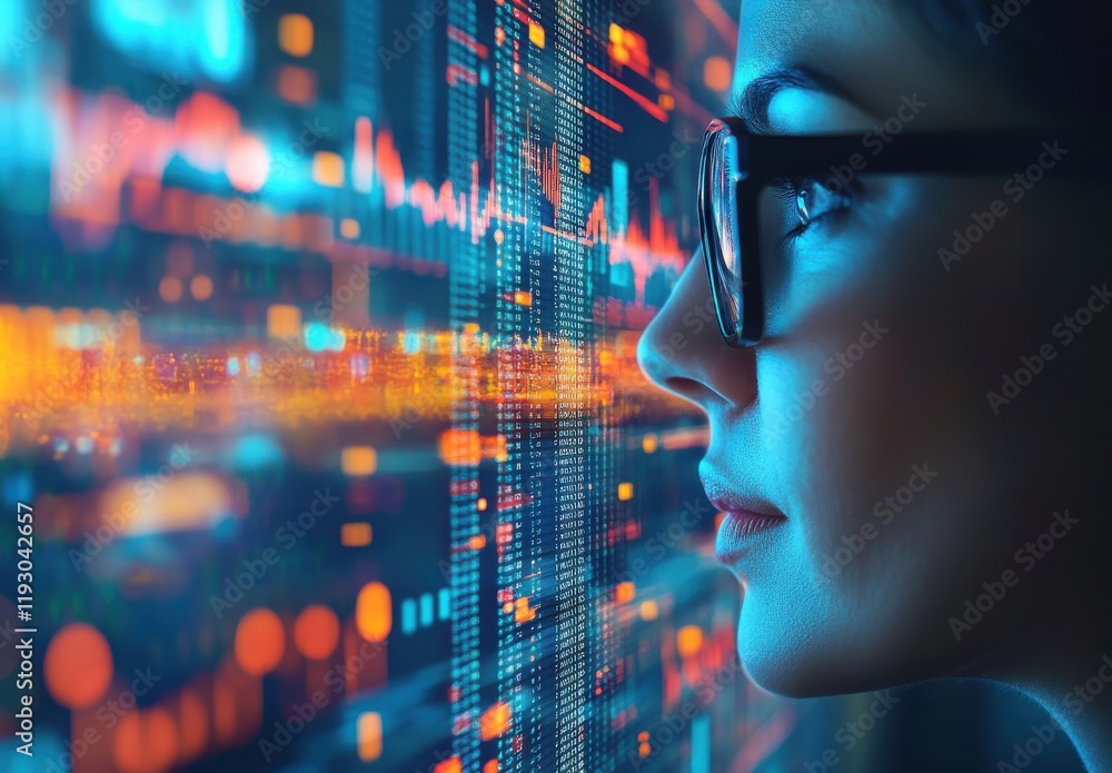 Poster profile of a focused woman analyzing financial data with high-tech glasses, illuminated graphs and d