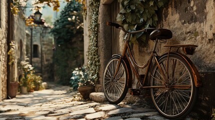 Vintage bicycle leaning against a rustic stone wall in a charming old european street scene