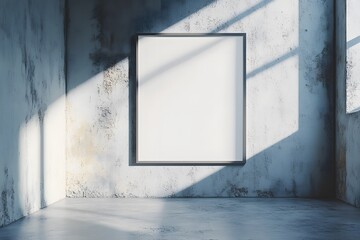 Obraz premium Blank picture frame in minimalist room with textured walls and sunlight, art design mockup concept