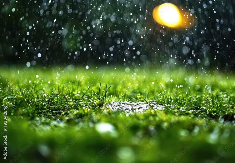 Poster raindrops falling on lush green grass with glowing orb of light in the background creating a serene 