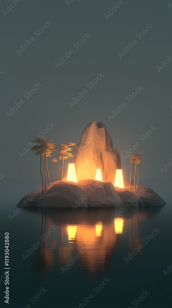 Poster a small island with a mountain in the background and a few trees