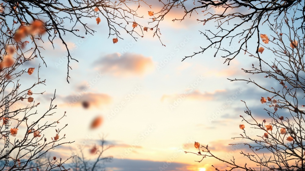 Poster rustic silhouette of bare tree branches framing a colorful sunset sky with soft clouds