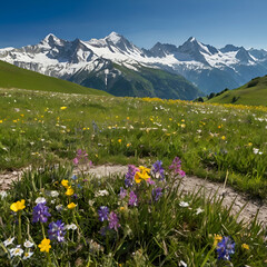 A panoramic view of the Alps in spring, featuring snow-capped peaks, lush green meadows filled with vibrant wildflowers, and a clear blue sky.