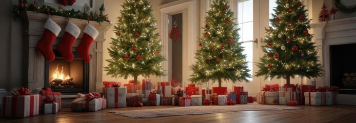 A festive holiday scene with a Christmas tree, stockings, and presents, presents, joyful season