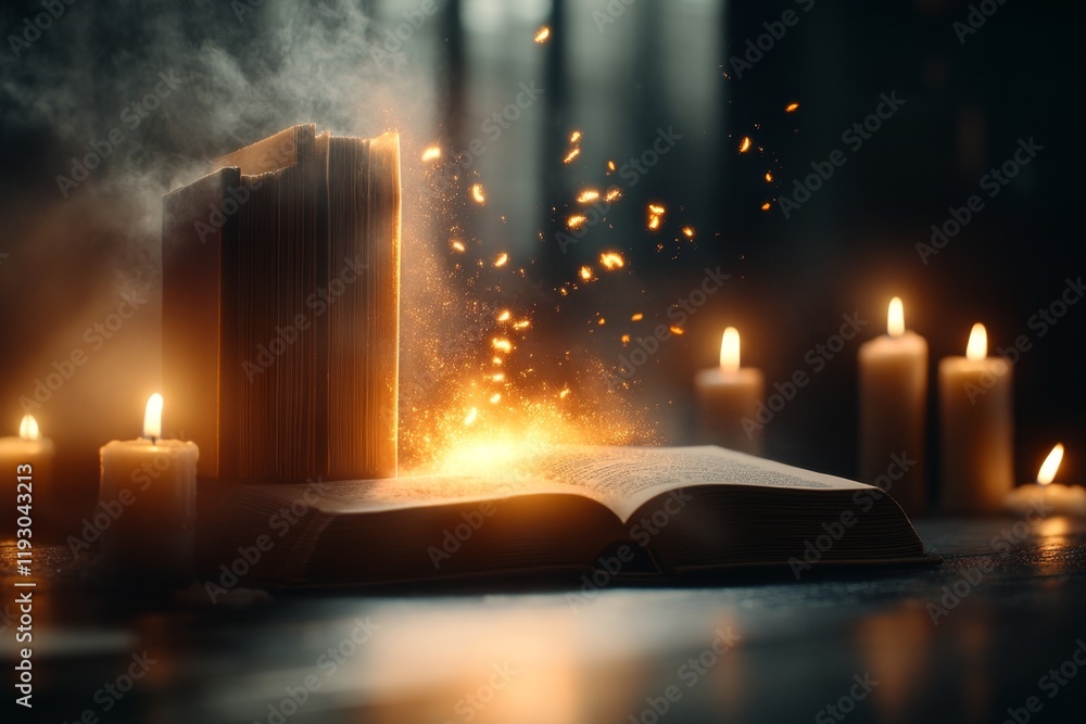 Poster a dark depiction of uv light exposing hidden glowing text in a dusty old book, with candles casting 