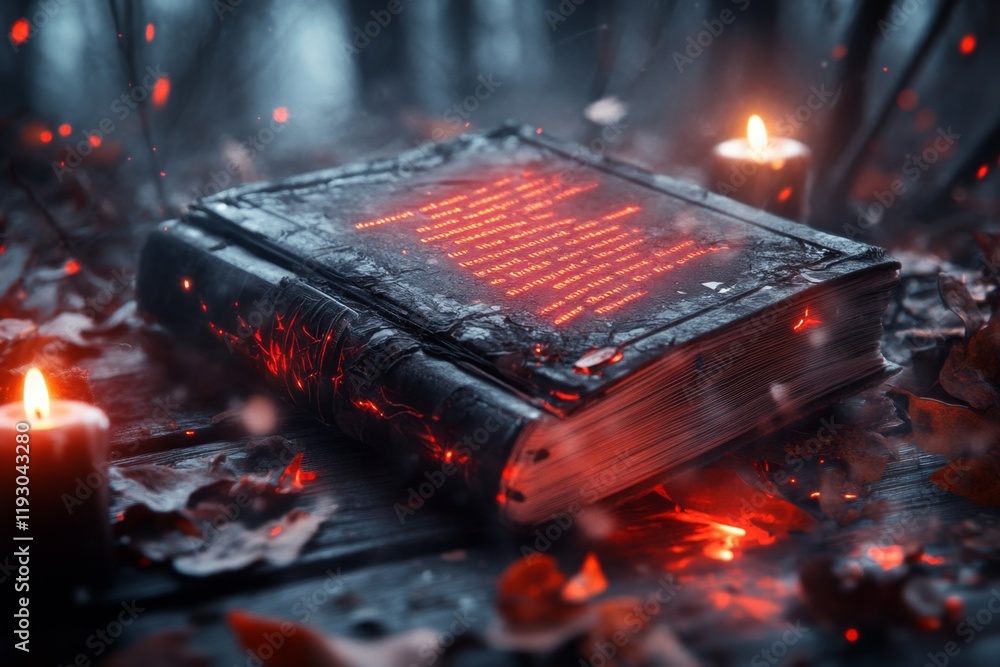 Poster a dark depiction of uv light exposing hidden glowing text in a dusty old book, with candles casting 