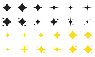 Abstract Twinkle Sparkle stars icons collection. Spark asterisk shapes set. Black silhouette. Starburst Bling magic shine effect. Simple retro style Element for card, banner, icon, logo, poster design