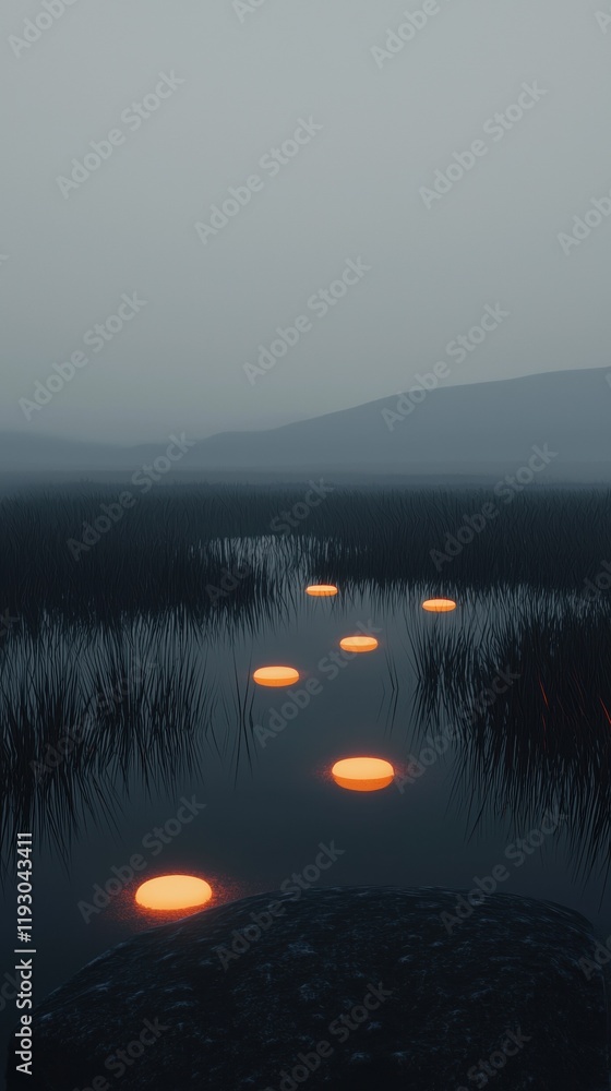 Poster a series of glowing orbs are floating in the water, creating a serene