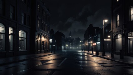 Wide panoramic view of a dark moody empty city centre street at night. Noir concept 3d rendering.