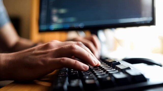 A close-up of hands typing on the keyboard reveals the man's dedication to online messaging and business marketing concepts.