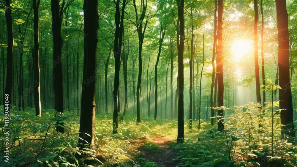 Aufkleber sunlight filtering through dense trees illuminates serene forest pathway, creating tranquil atmosphe