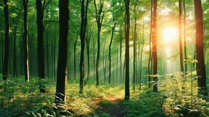 Sunlight filtering through dense trees illuminates serene forest pathway, creating tranquil atmosphere for exploration and relaxation