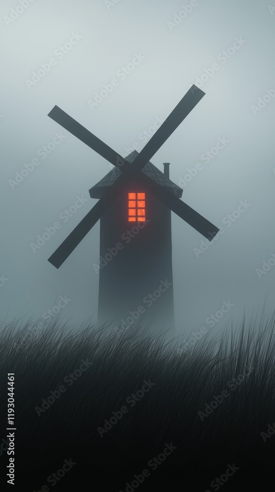 Aufkleber a windmill with a red light on it is standing in a field