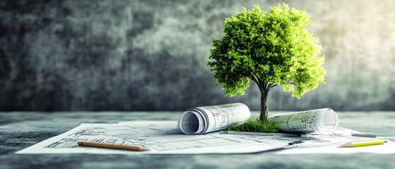 Sustainable architecture concept with green tree on blueprints, eco-friendly building design