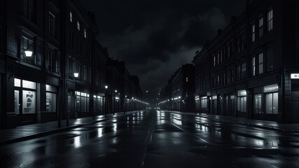 Wide panoramic view of a dark moody empty city centre street at night. Noir concept 3d rendering.