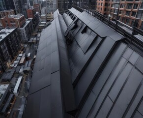 A panoramic view of a black roofline on a modern high-rise building, skyscraper designs, commercial construction