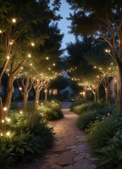 Obraz premium A garden at dusk with a string of fairy lights woven through bushes and trees, greenery, twinkling lights, evening stroll