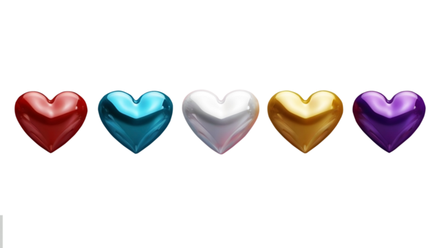 set of bright vivid glossy hearts isolated on transparent background, valentine png template with copy space for text