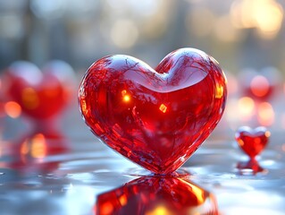 Abstract floating 3D red hearts with soft reflections and bokeh effects.