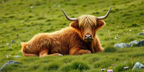 A peaceful Highland cow rests in a green meadow, calm atmosphere, shady spot, resting