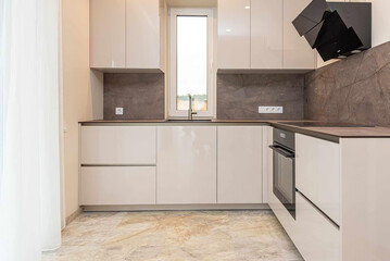 Modern luxury kitchen interior in minimal scandinavian style, 3d render