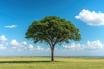 Obraz premium Lone tree stands majestically against vast blue sky and fluffy c