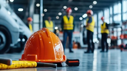 Safety training workplace knowledge concept. Construction site with safety gear and workers in the background.