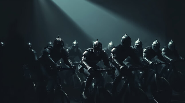 Group of spartan warriors in combat armor exercising in a spin class - Powered by Adobe