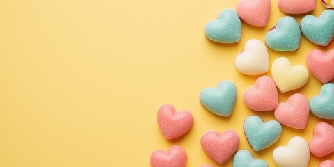 Modern candy hearts on vibrant background concept. Colorful heart-shaped candies on a vibrant yellow background