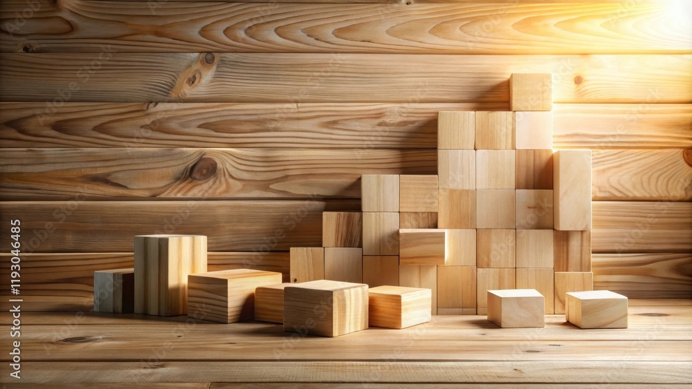 Aufkleber Wooden blocks arranged in an ascending pattern against a rustic wood backdrop.