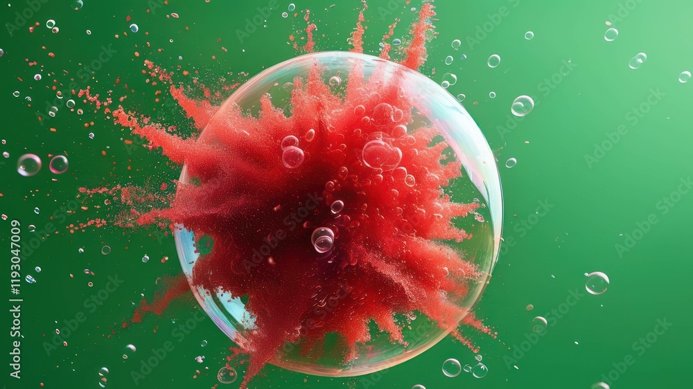 Poster dynamic explosion of vibrant red liquid in a bubble, creating an eye catching abstract scene