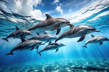 Obraz premium A group of dolphins playing and swimming together in the ocean, dolphins, seawater, marine life