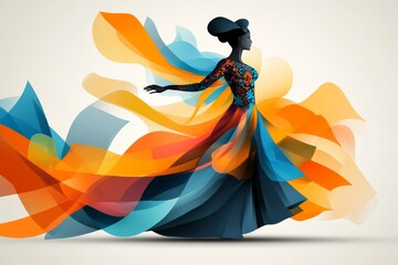 A flat 2D illustration of a traditional Uzbek dancer in a vibrant costume, with bold patterns and flowing fabric against a clean white background