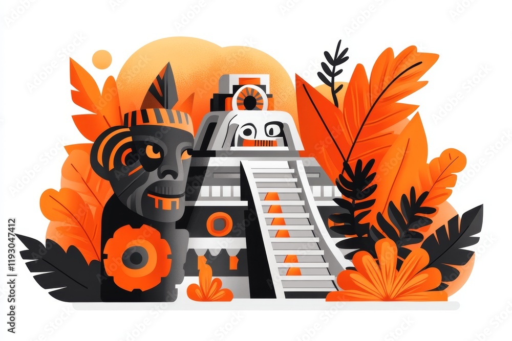 Poster A flat design of Uxmal pyramid with Aztec-inspired geometric patterns, rendered in bold lines and a modern aesthetic