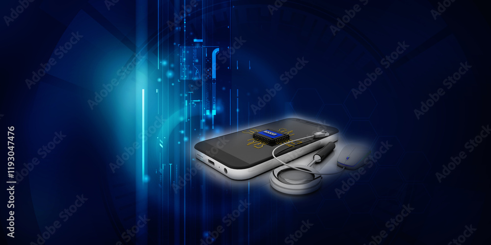 Poster 3d rendering microchips on mobile phone search concept