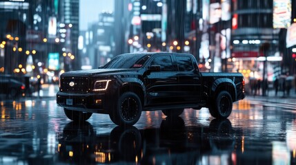 A sleek black pickup truck reflecting city lights on a rainy urban street
