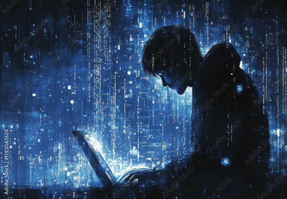 Poster silhouetted figure working intently on a laptop surrounded by dynamic blue digital data streams repr
