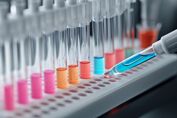Colorful liquid samples are carefully mixed in laboratory test tubes during a scientific experiment