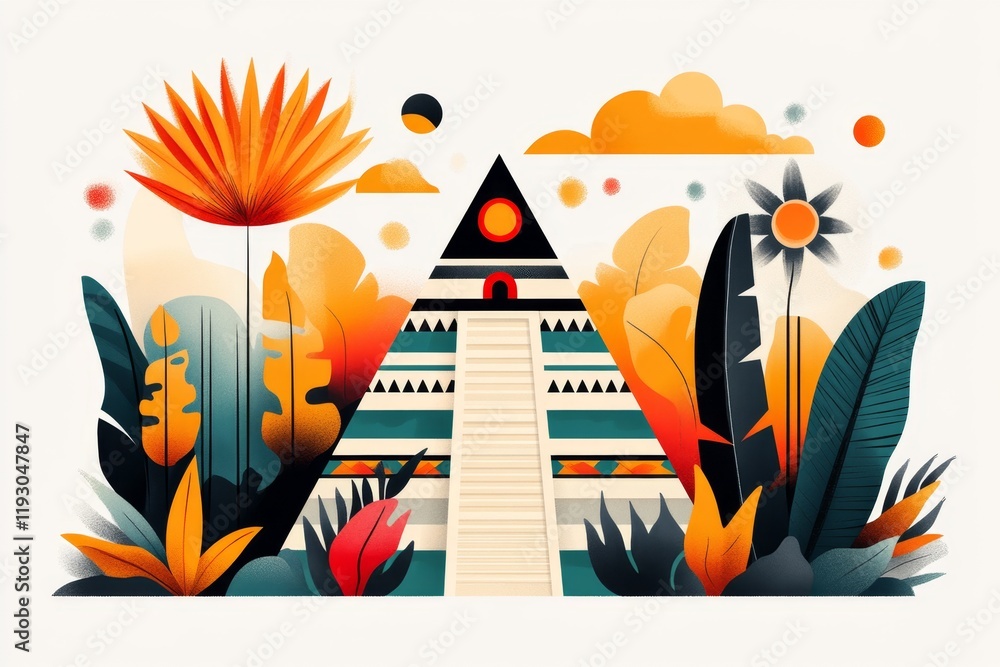 Poster A flat design of the pyramid with Aztec and Mayan elements harmoniously integrated, surrounded by stylized clouds and jungle foliage on a white canvas