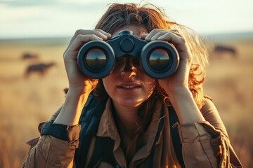 Woman observing wildlife through binoculars in golden grassland,
